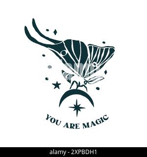 Luna Moth illustration dessinée à la main avec citation inspirante vous êtes magique Illustration de Vecteur