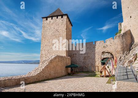 Une vue panoramique sur la forteresse de Golubac, nichée dans les gorges du Djerdap, mettant en valeur sa citadelle historique et ses fortifications Banque D'Images