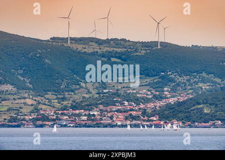 Paysage pittoresque de voiliers dans une régate près d'un parc éolien le long de la gorge du Danube, illustrant la durabilité et le produit d'énergie renouvelable Banque D'Images