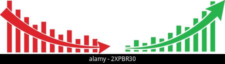 Icône de graphique de croissance avec une flèche vers le haut en rouge et vert, représentant la réussite de l'entreprise. Il comprend un symbole de graphique à barres indiquant l'augmentation des bénéfices A. Illustration de Vecteur