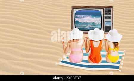 Affiche. Collage d'art contemporain. Vue arrière de la femme assise sur la plage de sable, boire des cocktails, bronzer et regarder la télévision rétro. Banque D'Images