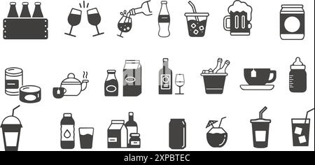Contenant bouteille, verre de vin, noix de coco, eau minérale, thé, café, bière, canette de soda, jus, tasse, cocktail. Vecteur Illustration de Vecteur