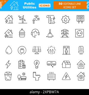 Les utilitaires publics délimitent les icônes avec collection de traits modifiable. Comprend l'eau, le carburant, l'électricité, Solar House Illustration de Vecteur