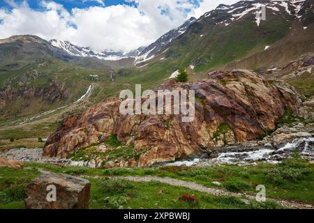 Morphologie glaciaire. Roches lisses et ruisseau d'eau de fonte dans la vallée glaciaire de Forni. Valfurva. Valtellina. Alpes italiennes. Europe. Banque D'Images