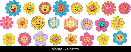 Personnages de fleurs groovy de dessin animé avec une Marguerite amusante et heureuse avec des yeux et un sourire. Illustration de Vecteur