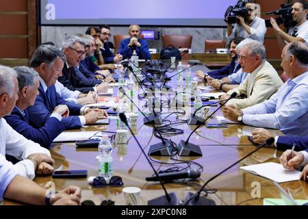 Roma, Italie. 05 août 2024. Il ministro delle Imprese Adolfo Urso durante l'incontro con i sindacati a Roma, Lunedì, 5 Agosto 2024 (Foto Roberto Monaldo/LaPresse) Ministre de l'entreprise Adolfo Urso lors de la réunion avec les syndicats à Rome, lundi 5 août 2024 (photo Roberto Monaldo/LaPresse) crédit : LaPresse/Alamy Live News Banque D'Images