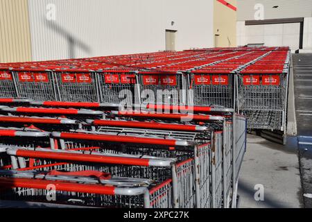 Parking pour chariots. Rangées de chariots d'épicerie Banque D'Images