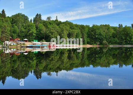 Location de canoës et de kayaks. Journée calme sur le lac Wapizagonke Parc Canada la Mauricie, Québec, Canada. Beaucoup de bateau de pagaie sur la rive du lac. Banque D'Images