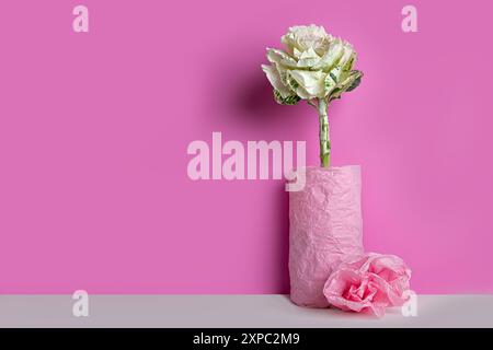 Chou ornemental dans un vase, enveloppé de papier rose sur fond rose Banque D'Images