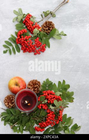 Baies de Rowan, pomme, cône de sapin et bougie rouge sur fond texturé gris clair avec espace pour le texte. Composition d'automne simple sur une table, vue de dessus Banque D'Images