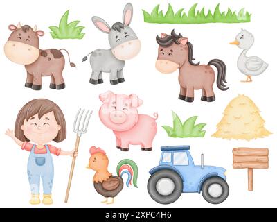 Aquarelle Cute Farm Set, imprimé enfants Banque D'Images