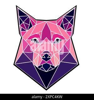 Tête de chien géométrique rose et violet sur fond blanc et contour noir, schéma de couleurs bleu et rose. Art vectoriel, sots art, low poly, cubo Illustration de Vecteur