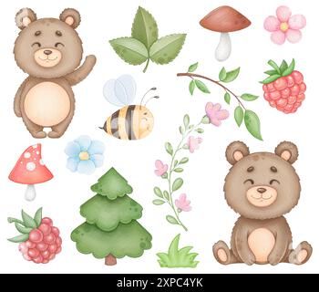 Mignon ours et éléments en bois clip art sur blanc isolé Banque D'Images