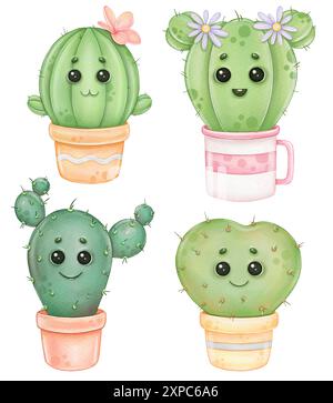 mignon cactus d'aquarelle de dessin animé avec les yeux dans des pots Banque D'Images