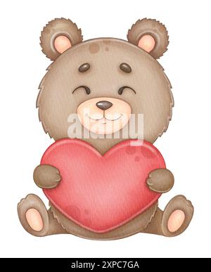 Mignon ours aquarelle avec grand coeur, illustration pour la Saint-Valentin Banque D'Images