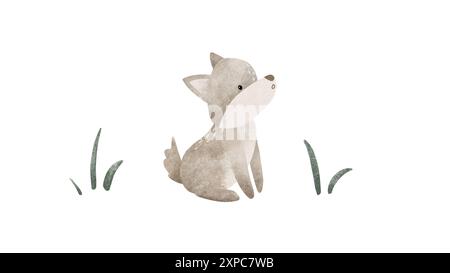 Animal de dessin animé pour la conception d'enfants. Illustration dessinée à la main de loup mignon gris et grâce verte sur fond isolé. Style scandinave minimaliste. Sauvage Banque D'Images