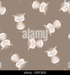 Modèle sans couture avec oiseau de bande dessinée. Illustration dessinée à la main de cheval mignon hibou beige sur fond isolé. Motif répétitif scandinave minimaliste Banque D'Images