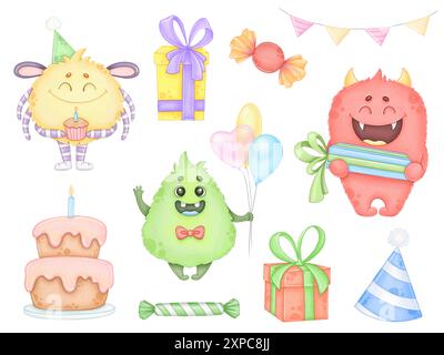 Ensemble aquarelle avec monstres d'anniversaire et cadeaux, ballon. Banque D'Images