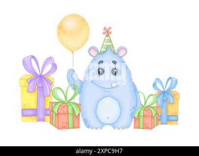 Monstre bleu avec ballon et cadeaux. Illustration aquarelle pour l'anniversaire Banque D'Images
