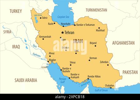 Carte vectorielle de la République islamique d'Iran avec les grandes villes et les pays voisins Banque D'Images