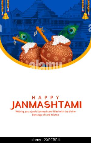 Seigneur Krishna dans le fond de fête religieuse de l'Inde pour la célébration de Shri Krishna Janmashtami Illustration de Vecteur