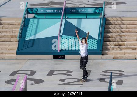 Skateboard Street W finales Jeux Olympiques d'été 2024, Paris France. Banque D'Images