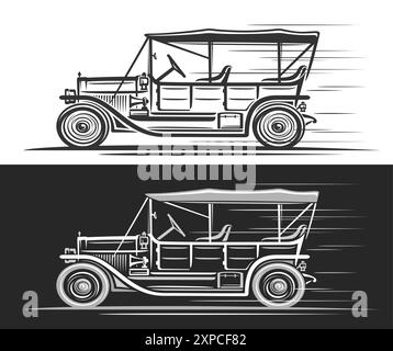 Logo vectoriel pour Antique American car, bannières décoratives automobiles avec illustration de ligne de voiture antique monochrome en mouvement, clip art Running car f Illustration de Vecteur