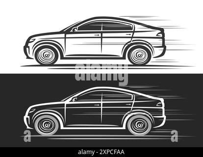 Logo vectoriel pour la voiture Fastback, bannières décoratives automobiles avec illustration clipart de la voiture concept fastback moderne en mouvement, dessin au trait monoc en cours d'exécution Illustration de Vecteur