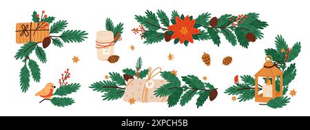 Branches de pin. Guirlandes de Noël. Compositions de brins de sapin et accessoires festifs. Décorations de Noël. Plantes Evergreen. Bougies du nouvel an Illustration de Vecteur