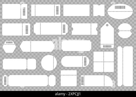 Modèles de ticket vierges. Coupons de loterie vides avec perforation et code à barres. Papier d'entrée de cinéma ou de théâtre. Étiquette de commande de concert. Embarquement et événement Illustration de Vecteur