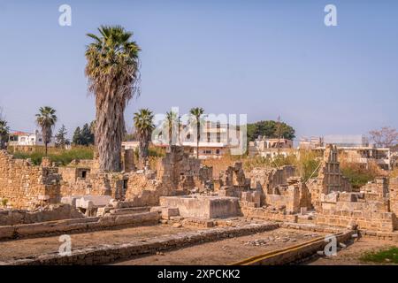 Les pierres tombales de l'époque romaine à la nécropole de Tyr, un site classé au patrimoine de l'UNESCO, aux ruines archéologiques d'Al-Bass, au Liban, au moyen-Orient. Banque D'Images