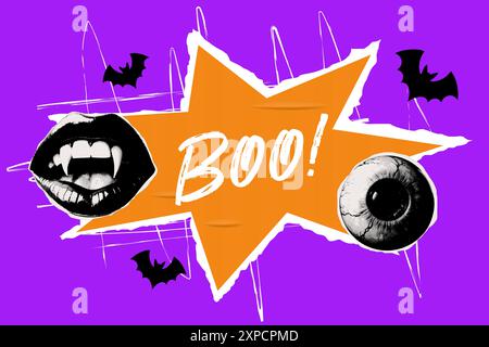 Collage Halloween demi-ton de BOO, papier coupé, espace vide. Illustration vectorielle à la mode. Illustration de Vecteur
