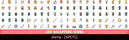 ensemble de 100 icônes de sculpture. Ensemble de ligne de couleur d'icônes vectorielles de sculpture couleur de ligne mince plat sur blanc Illustration de Vecteur