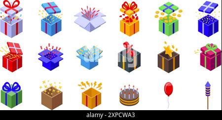 Boîte cadeau confettis explosion icônes ensemble. Ensemble de boîtes-cadeaux colorées s'ouvrant avec des confettis, des ballons, un gâteau, un feu d'artifice et d'autres icônes isométriques d'éléments de surprise Illustration de Vecteur