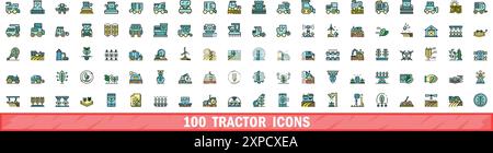 100 icônes de tracteur définies. Ensemble de lignes de couleur des icônes de vecteur de tracteur couleur de ligne mince plat sur blanc Illustration de Vecteur