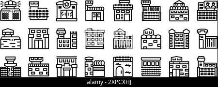 Jeu d'icônes de bâtiment de prison. Les icônes de ligne de façade extérieure des bâtiments pénitentiaires représentent divers types d'établissements correctionnels, de prisons et de centres de détention Illustration de Vecteur