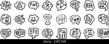 Jurez que les icônes de bulle de discours sont définies. Ensemble d'icônes représentant des personnes exprimant des émotions négatives avec des mots de serment, des insultes et des symboles agressifs dans des bulles de discours Illustration de Vecteur