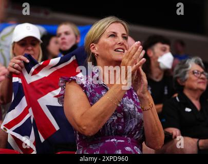 La duchesse d'Édimbourg au vélodrome national de Saint-Quentin-en-Yvelines, le dixième jour des Jeux Olympiques de Paris 2024 en France. Date de la photo : lundi 5 août 2024. Banque D'Images