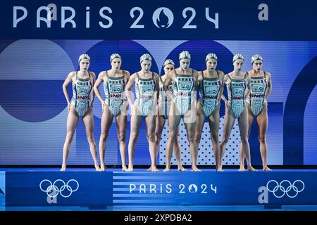 Saint Denis, France. 05 août 2024. Équipe de France lors de la natation artistique, routine technique par équipe, Jeux Olympiques Paris 2024 le 05 août 2024 au Centre aquatique de Saint-Denis, France - photo Matthieu Mirville/DPPI Media/Panoramic Credit : DPPI Media/Alamy Live News Banque D'Images