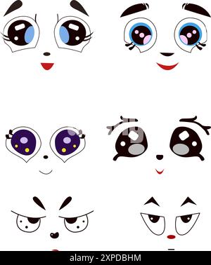 Kawaii mignons visages dans les yeux et les bouches de style Manga vectoriel. Émoticône japonais de dessin animé différent. Illustration de Vecteur