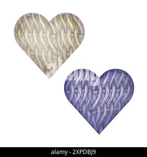 Deux coeurs en osier aquarelle blanc et bleu. Illustration de brosse dessinée à la main avec texture en bois pour cartes de mariage, modèle d'invitations. Symbole d'amour isol Banque D'Images