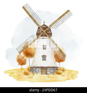 Paysage d'automne avec moulin à vent et arbres d'automne illustration aquarelle. Dessin de la vieille tour rustique avec des lames pour la production de farine. Ancien bâtiment vintage. Peinture de moulin à vent pour le festival de récolte. Banque D'Images