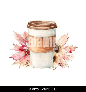 Tasse de papier avec café ou thé sur le fond des feuilles et des fleurs d'automne. Composition isolée sur fond blanc. Illustration aquarelle dans des couleurs chaudes. Le dessin est dessiné à la main. Convient pour cartes, invitations et textiles Banque D'Images