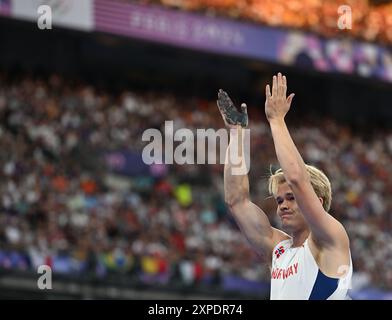 Paris, France. 5 août 2024. Sondre Guttormsen, norvégien, réagit lors de la finale masculine de l'athlétisme aux Jeux Olympiques de Paris 2024 à Paris, France, le 5 août 2024. Crédit : Song Yanhua/Xinhua/Alamy Live News Banque D'Images