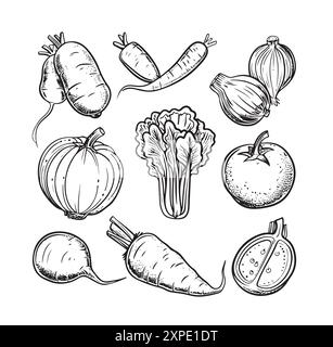 Ensemble de motifs légumes et fruits, Doodle concept végétarien doodle Organic Doodle food, cultiver des aliments Illustration de Vecteur