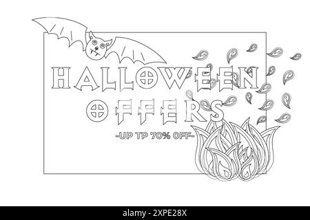 Une page à colorier amusante et engageante pour Halloween avec une bannière de vente avec une chauve-souris et des flammes. Parfait pour les enfants à colorier pendant la saison d'Halloween. Illustration de Vecteur