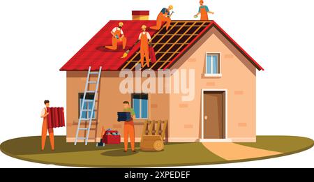 Équipe de travailleurs de la construction portant l'uniforme orange réparant le toit de la maison en utilisant l'équipement professionnel Illustration de Vecteur