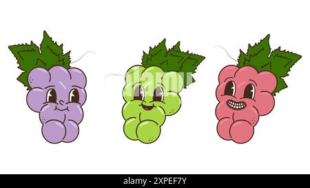 Fruits et baies dans un ensemble de style groovy. Les raisins sont de couleurs différentes. Personnages rétro tendance, mascotte comique. Affiche de bannière de conception. Y2K hippie 70s, 80s. Illustration vectorielle. Illustration de Vecteur