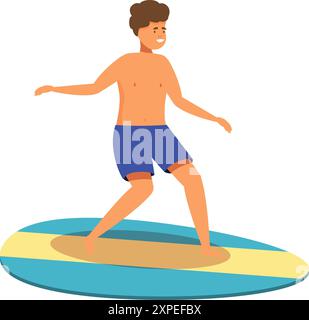 Jeune homme est en équilibre sur une planche de surf, profitant d'une journée d'été à la plage Illustration de Vecteur