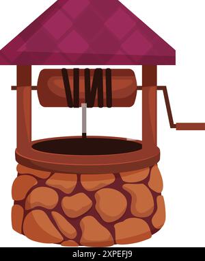Puits traditionnel en pierre et bois, équipé d'une manivelle pour tirer l'eau Illustration de Vecteur